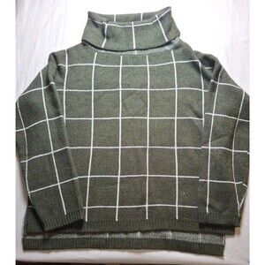 STYLISH Green Grid Pattern Knit Sweater -Cozy High Neck Size L